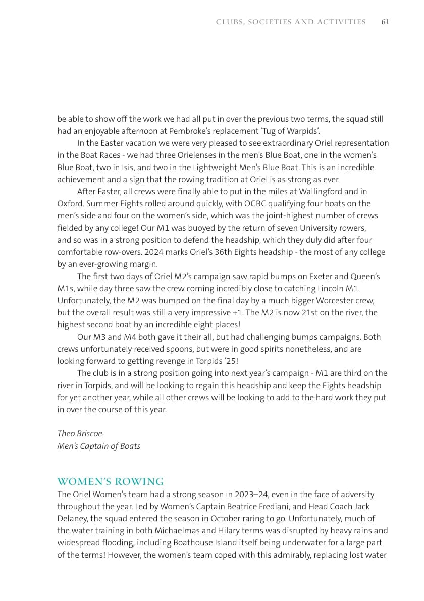 Men's Rowing report continued (Oriel Record 2024, p.63)