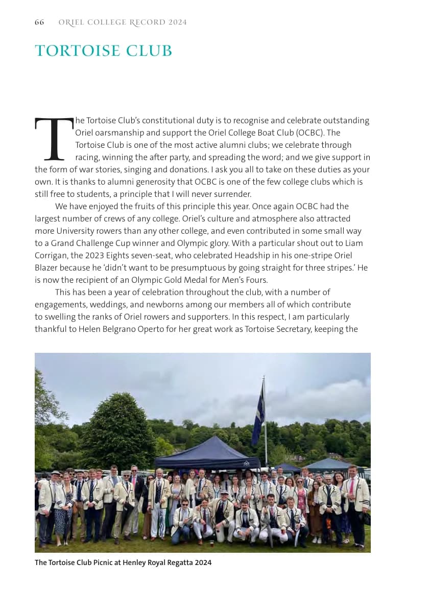 Tortoise Club report (Oriel Record 2024, p.68)