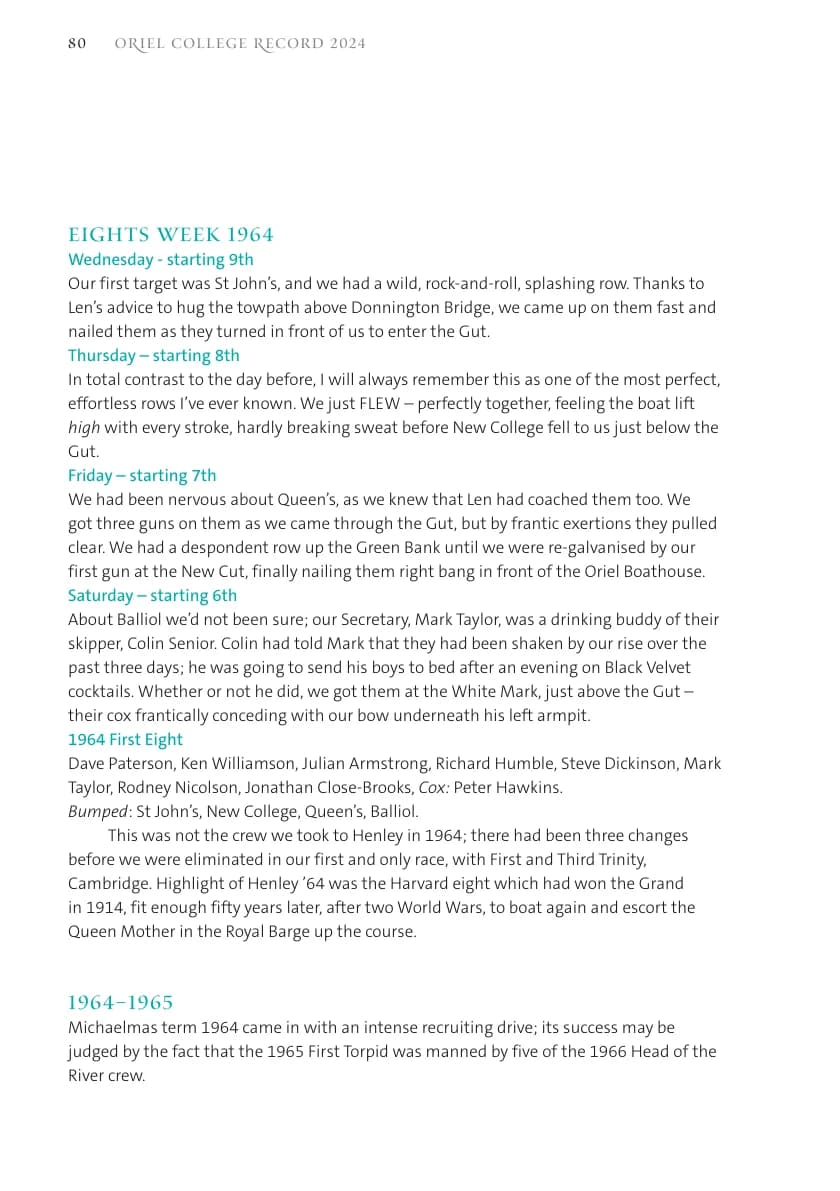 Three Years to Glory — Eights 1965 (Oriel Record 2024, p.82)