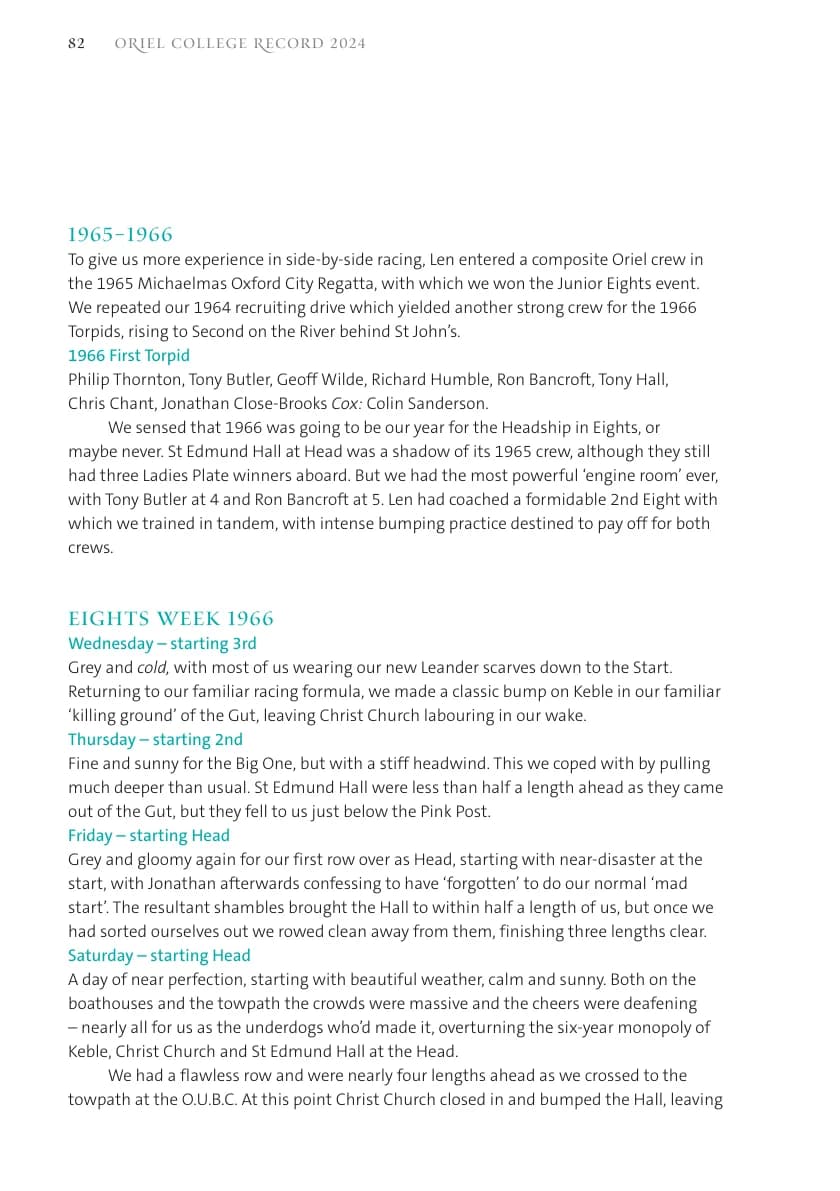 Three Years to Glory — Head of the River 1966 (Oriel Record 2024, p.84)